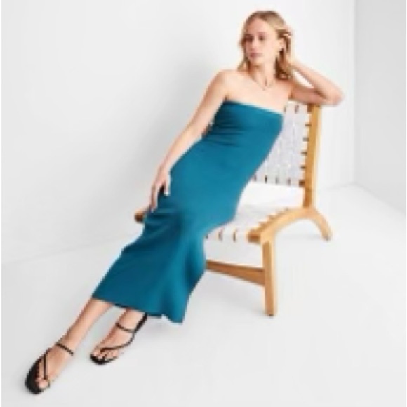 NWT Future Collective Jenny K Lopez Blue Ribbed Strapless Dress High Slit Medium - Picture 3 of 7